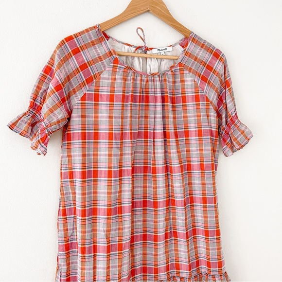 Madewell Plaid Ruffle Sleeve Popover Gingham Cottagecore Mini Dress - Picture 3 of 8